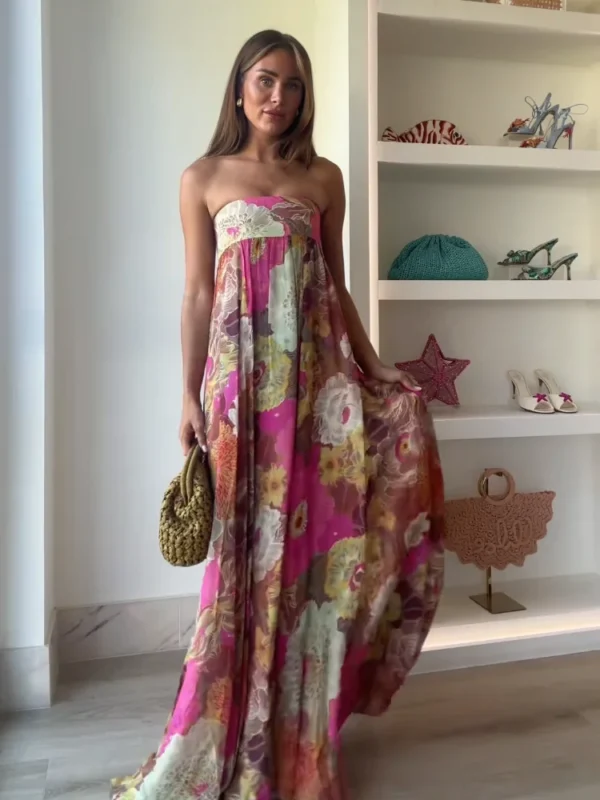 retro printed strapless long dress