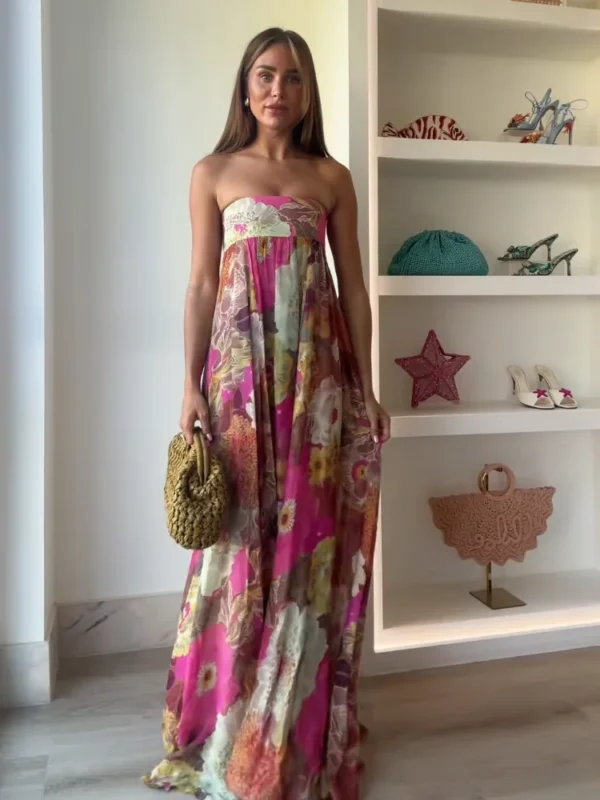 retro printed strapless long dress