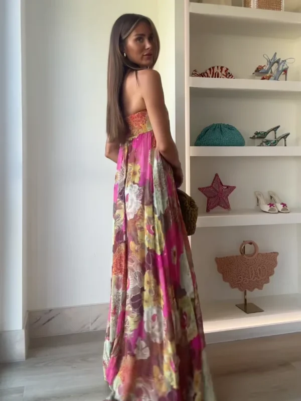 retro printed strapless long dress