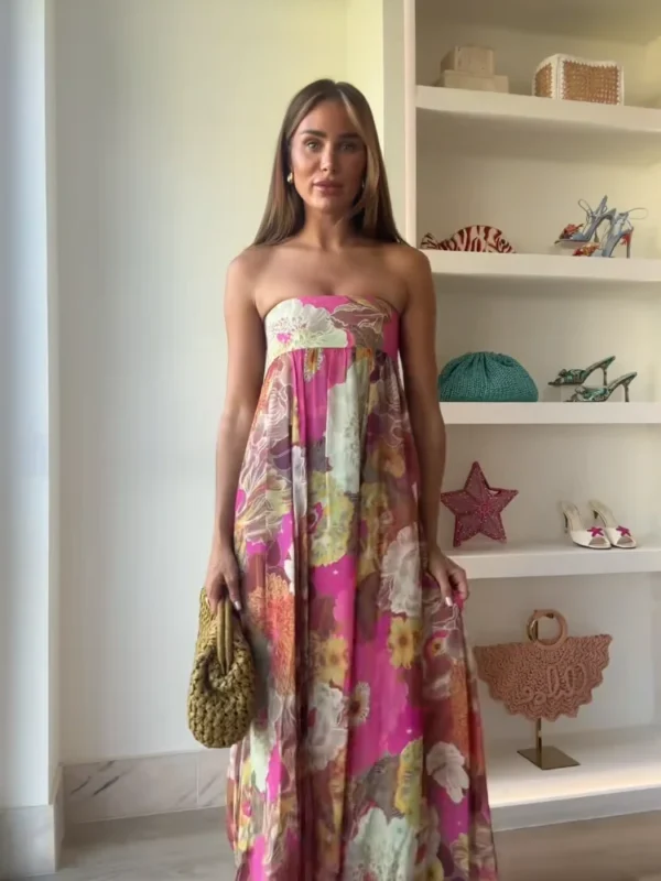 retro printed strapless long dress