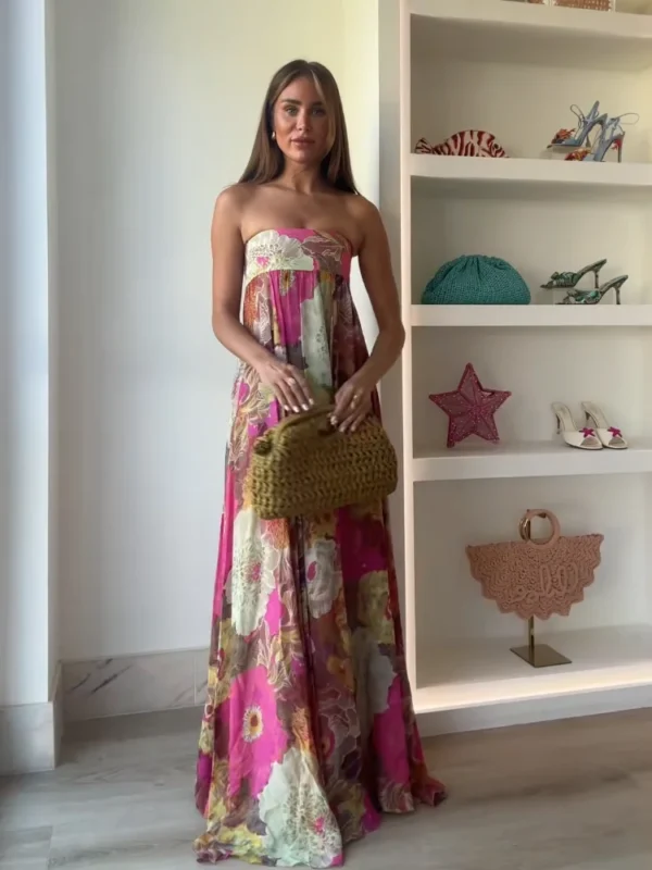 retro printed strapless long dress